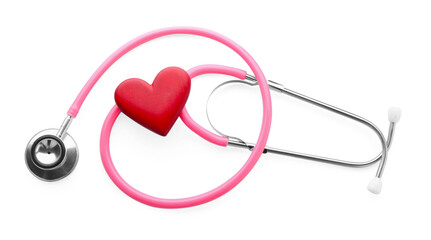 Fototapeta premium Measuring blood pressure. Stethoscope and red heart figure on white background, top view