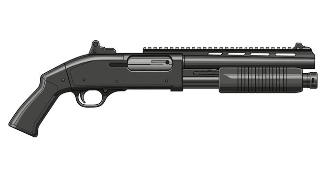 A black pump-action shotgun is displayed against a white background. The firearm is positioned horizontally.