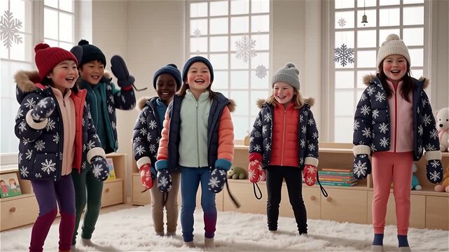 Group of Children in Winter Clothes Walking Together Indoors