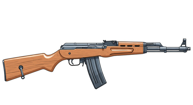 An illustration of a semi-automatic rifle with a wooden stock and a black magazine.