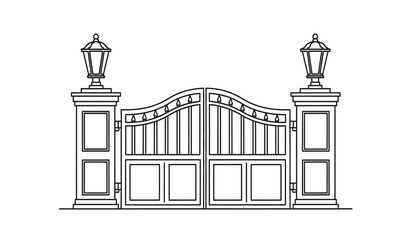 Fototapeta premium A line drawing of a decorative gate with two lamp posts on either side, featuring a wavy top and vertical bars