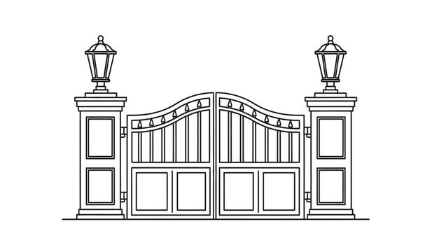 A line drawing of a decorative gate with two lamp posts on either side, featuring a wavy top and vertical bars