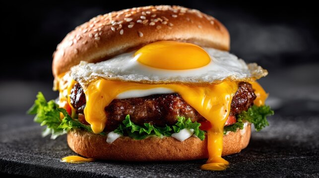 A burger features a juicy beef patty topped with melted cheese and a fried egg layered with lettuce and tomato. It sits on a sesame seed bun placed on a dark surface.