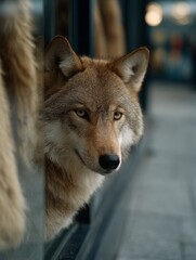 Fototapeta premium Close-up of alert wolf with reflections in glass enclosure