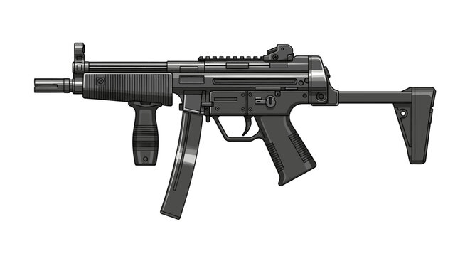 An illustration of a black submachine gun with a vertical foregrip and a collapsible stock.