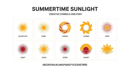 Obraz premium A vibrant graphic illustration of sunlight icons in various styles and abstract designs, showcased in a grid format with a clean white background, Whisk-inspired elements
