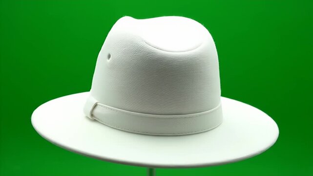 A white textured fedora with a matching band against a green backdrop
