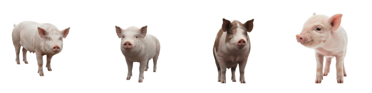 Domestic Farm Piglet Collection, Young Sus Scrofa Domesticus Standing and Alert Portrait Set, High-Resolution Livestock Nature Photography, Isolated PNG
