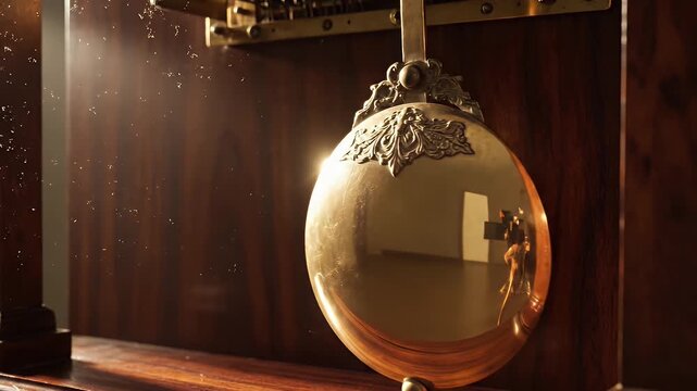 Detailed clock pendulum hangs, with ornate detail and reflection, lit by sunlight