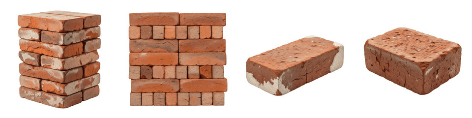 Obraz premium Red Clay Brick and Masonry Collection, Weathered Industrial Building Material Set, Architectural Construction and Wall Texturing Assets, Isolated PNG