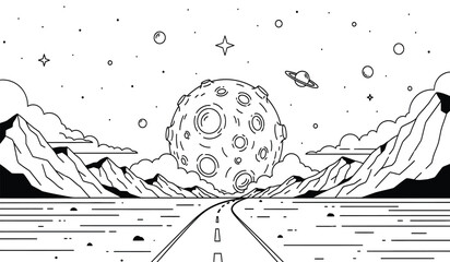 Black and white illustration of a moon rising over mountains with a road leading to it under a starry sky © Lsg 21