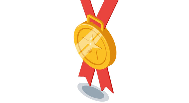 A golden medal with red ribbon hanging down, symbolizing achievement, victory, and excellence in a competitive event or contest