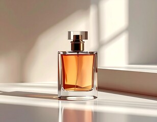 Elegant Perfume Bottle on White Surface with Light and Shadow.