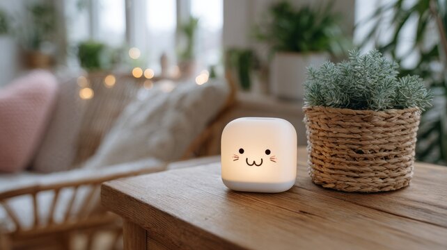 Cute kawaii night light on wooden table in cozy living room with plants