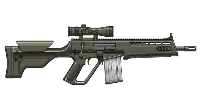 Detailed illustration of a modern military rifle with a mounted scope, ready for action.