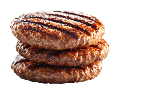 Freshly cooked burger patties arranged in a stack highlighting grilled perfection juicy interior and savory meat appeal isolated on transparent background PNG