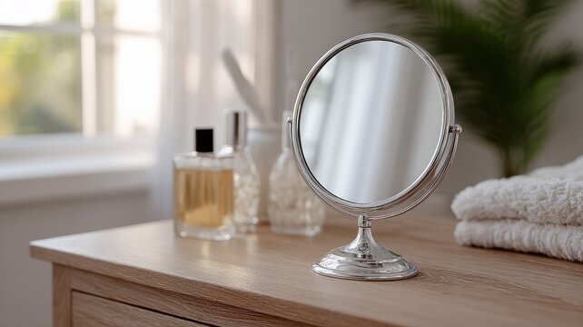 Elegant vanity table with mirror and perfume in soft natural light