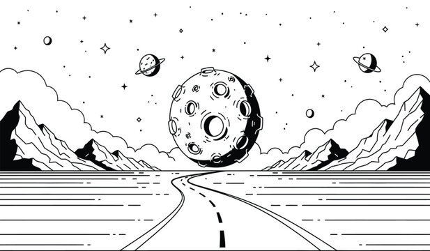 A black and white illustration of a road leading to a large moon with planets and stars in the sky