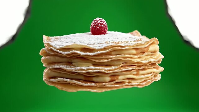 A stack of pancakes with powdered sugar and a raspberry on top against a green backdrop