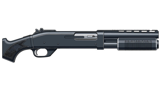 A detailed illustration of a black pump-action shotgun against a white background.