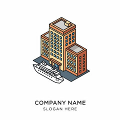 Fototapeta premium Isometric illustration of a modern office building with a cruise ship docked beside it.