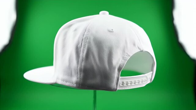 A blank white baseball cap on a stand, showcasing its design against a green backdrop