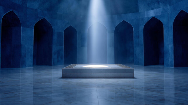 Cinematic Laylatul Qadr scene with dark mosque interior, ethereal white god ray illuminating Quran, marble floor subtle arches, deep midnight blues spiritual minimalism, with copy