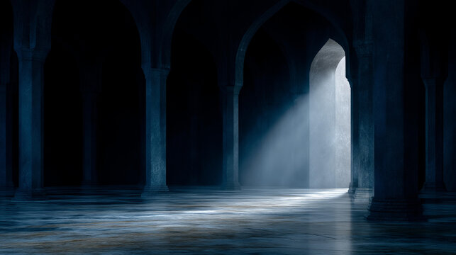Cinematic Laylatul Qadr scene with dark mosque interior, ethereal white god ray illuminating Quran, marble floor subtle arches, deep midnight blues spiritual minimalism, with copy