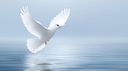 Fototapeta premium Dove of peace over calm waters, stylized minimalist representation white dove, flight positioned above reflective water, peaceful serene soft lighting, with copy space