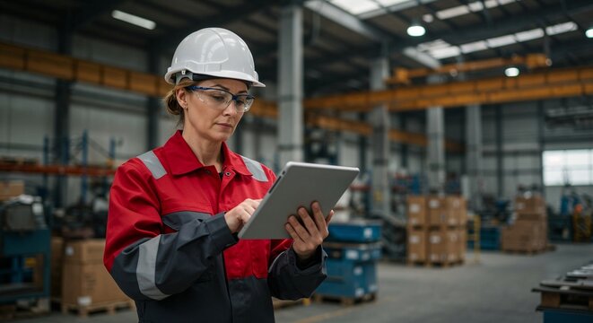 Female engineer wearing a white hard hat, safety glasses, and a red work jacket, using a digital tablet to manage operations in a large, modern industrial warehouse or factory.