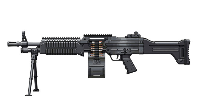 A detailed view of a black machine gun, featuring a bipod, ammo belt, and stock, against a white background.