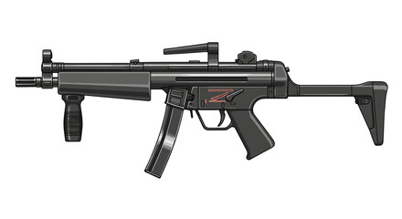 A detailed depiction of a black and gray submachine gun on a white background.