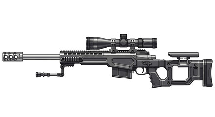 Naklejka premium A detailed, side-view of a black and silver sniper rifle with a scope, bipod, and adjustable stock, isolated on a white background.