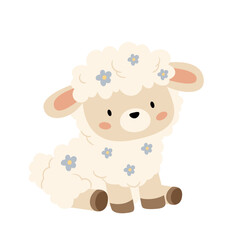 Fototapeta premium Cute little lamb with flowers in soft pastel tones. Scandinavian minimalism illustration with cozy nordic aesthetic. Sweet farm animal character perfect for nursery decor and baby prints.