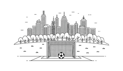 Fototapeta premium Black and white illustration of a soccer goal in front of a city skyline with trees and buildings in the background