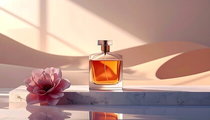 Elegant Perfume Bottle with Floral Accent on Reflective Surface.