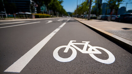 Obraz premium Dedicated White Bicycle Lane Symbol Painted on Asphalt Road, Guiding Cyclists Safely Through Urban Environment on a Clear Sunny Day, Outdoor Perspective
