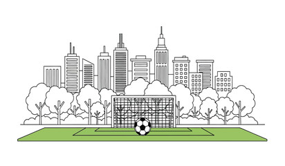 A black and white illustration of a soccer field with a stadium and city skyline in the background © Lsg 21