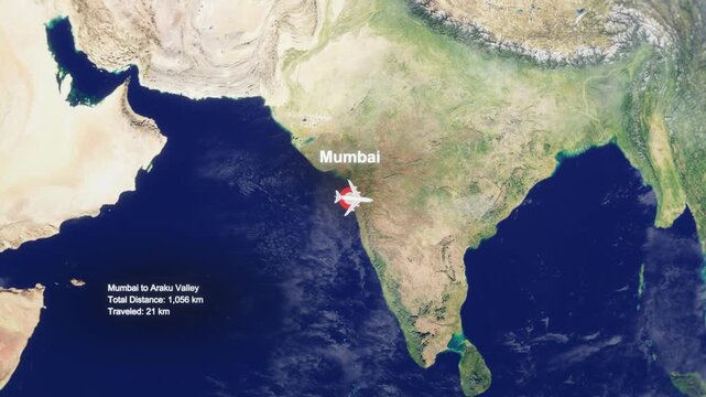 3D Earth Flight Route Mumbai To Araku Valley With Dotted Path And HUD Data