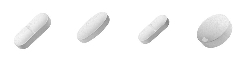 White medical pills and tablets set isolated on white background, realistic medicine capsule...