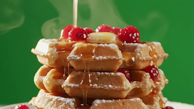 A stack of waffles is drizzled with syrup, topped with raspberries, butter, and powdered sugar