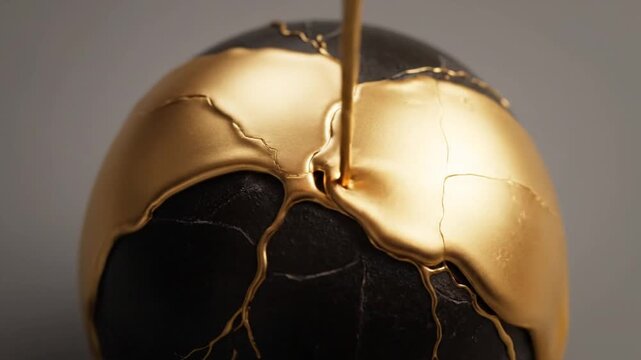 Kintsugi Art - Golden Liquid Fills Cracks on a Black Sphere, Symbolizing Resilience and Imperfection.