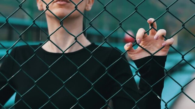 Woman's hand grasping chain link fence with blurred urban background