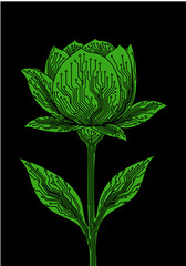 Digital floral art featuring a circuit board design on a black background