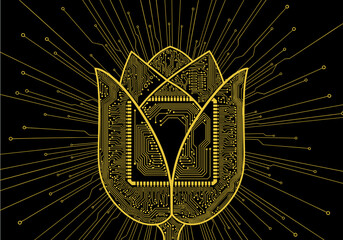 Artistic digital tulip flower design with circuit patterns on a black background
