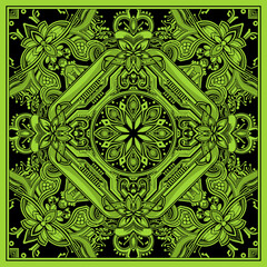 Ornate green floral pattern on black background for textile or wallpaper design