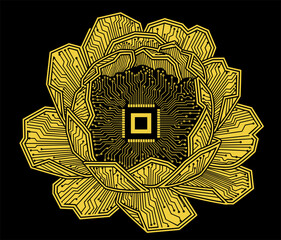 Digital lotus flower with circuit patterns and microchip on black background