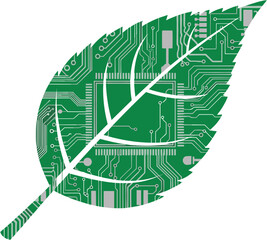 Leaf with circuit board pattern symbolizing technology and nature fusion