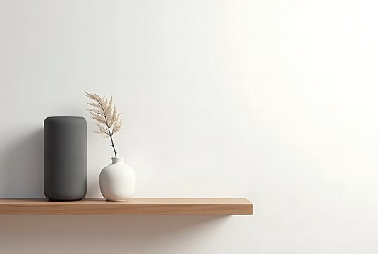 Minimalist wooden shelf smart speaker white vase clean interior