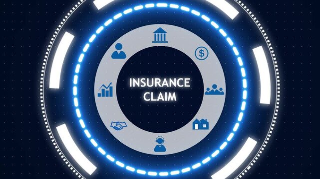 Circular infographic with glowing blue rings around a central grey ring labeled "insurance claim" and blue icons (bank, money, people, house, handshake, chart, user) on dark dotted background